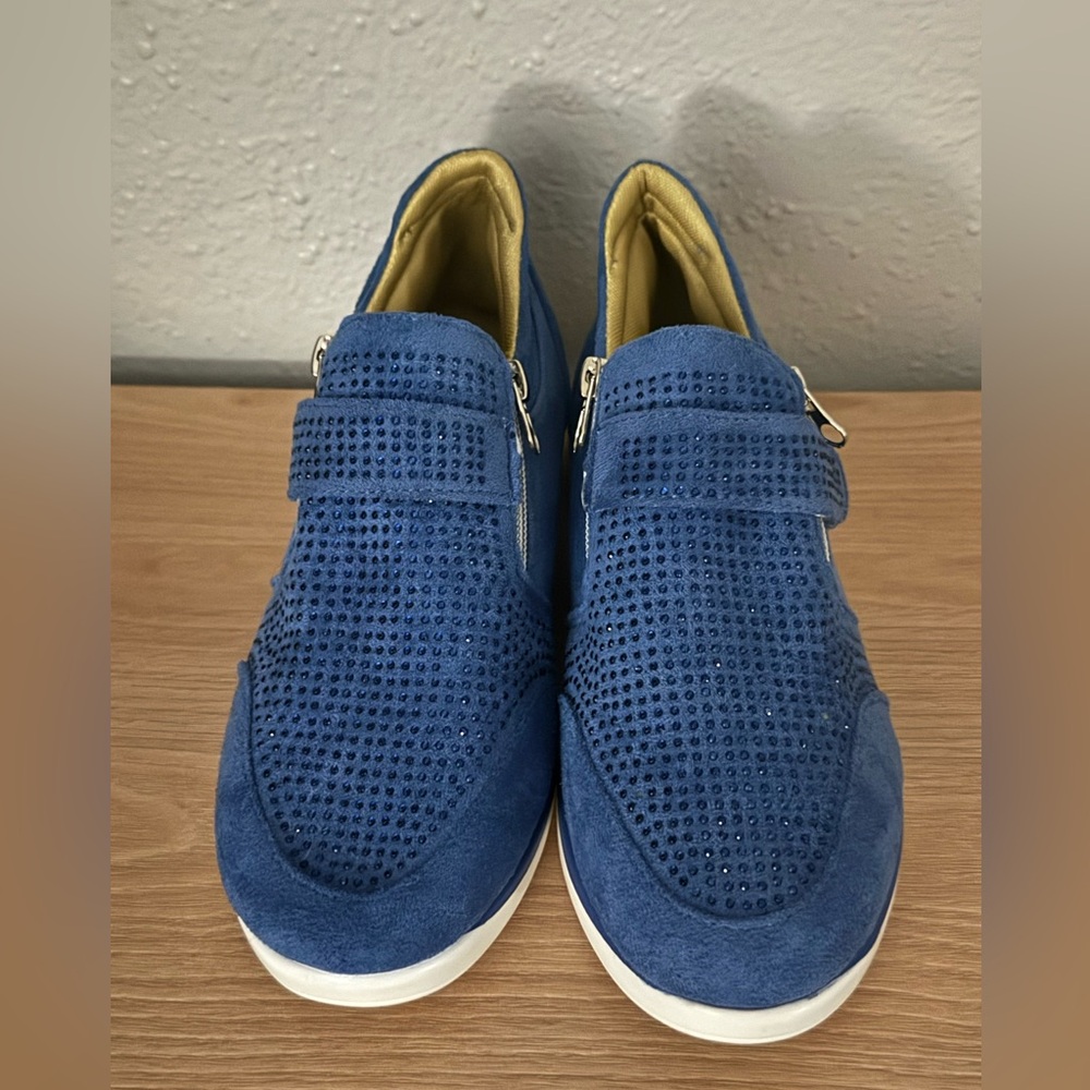 Sneakers LightWeight Blue Rhinestone Adjustable Strap Zipper